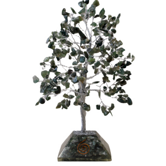 Arbre de pierres précieuses avec base en Orgonite - 320 pierres - Agate mousse