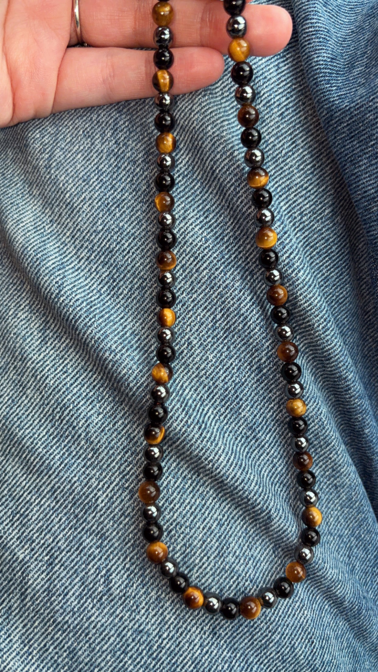 Collier œil du tigre hématite obsidienne