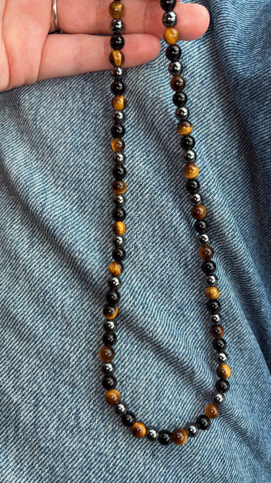 Collier œil du tigre hématite obsidienne