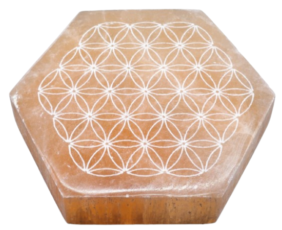 Plaque Sélénite Orange Fleur de Vie Hexa 10cm
