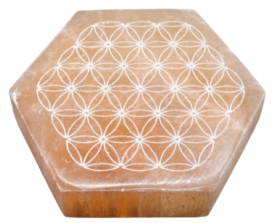 Plaque Sélénite Orange Fleur de Vie Hexa 10cm